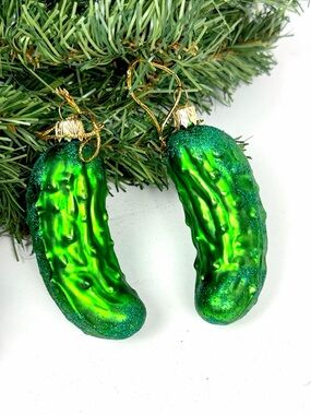 Set of 2 Glass Pickle Christmas Ornaments Green Blown Glass Tree Decor